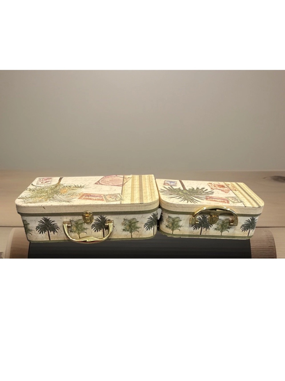 Palm Tree Decorative Storage Suitcase Set in Cream & Green